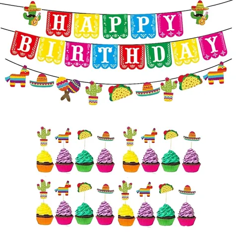 Décorations de Fête d'Anniversaire sur le Thème Fiesta Mexicaine Bannière Colorée et Toppers de Gâteau Cactus Taco pour Célébration