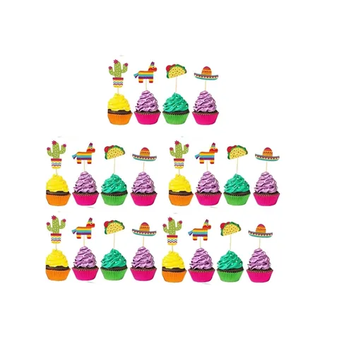 Décorations de Fête d'Anniversaire sur le Thème Fiesta Mexicaine Bannière Colorée et Toppers de Gâteau Cactus Taco pour Célébration