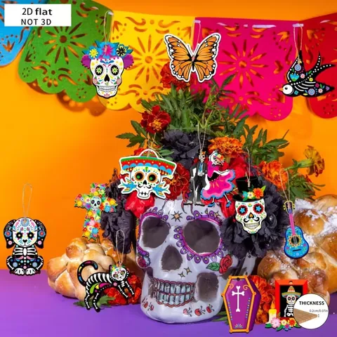 Decorazioni In Legno Messicane Giorno Dei Morti 2D Piatte Teschio Di Zucchero Gatto Nero Calendula Per Halloween Fiesta Party
