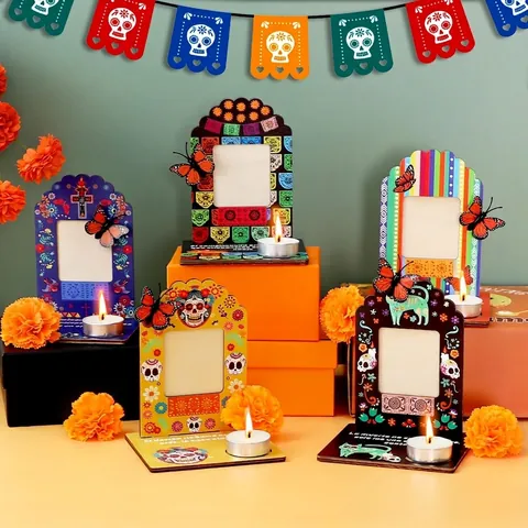 Mexican Day Of The Dead Wood Photo Frame Ornament Sugar Skull Altar Table Decoration For Halloween Festival Home Decor