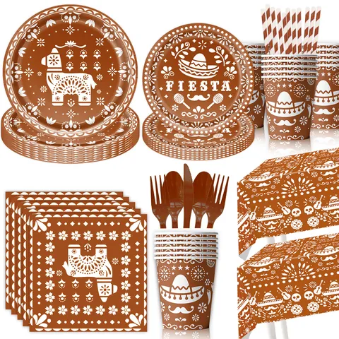 Juego de Vajilla Desechable Mexicano Día De Los Muertos Marrón Blanco Patrón Calavera Sombrero Decoraciones Para Fiesta de Cumpleaños