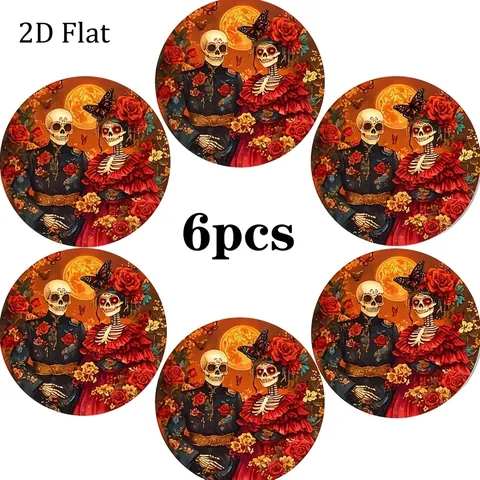 Sous-verres en Bois Jour Des Morts Style Mexicain Couple Squelettes Rose Imprimé Résistant Chaleur Rond Halloween Décor