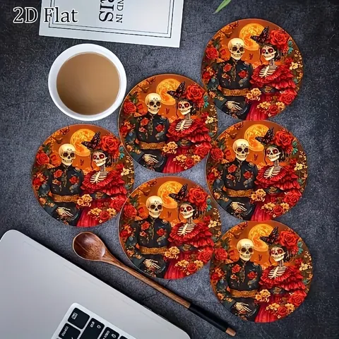 Sous-verres en Bois Jour Des Morts Style Mexicain Couple Squelettes Rose Imprimé Résistant Chaleur Rond Halloween Décor