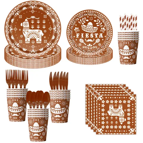 Set di Forniture per Feste Messicano Giorno dei Morti Marrone Fiesta Motivi Etnici Piatti Tovaglioli Bicchieri Tovaglia Banner Decorazioni