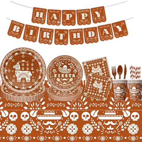 Juego de Vajilla Desechable Mexicano Día De Los Muertos Marrón Blanco Patrón Calavera Sombrero Decoraciones Para Fiesta de Cumpleaños