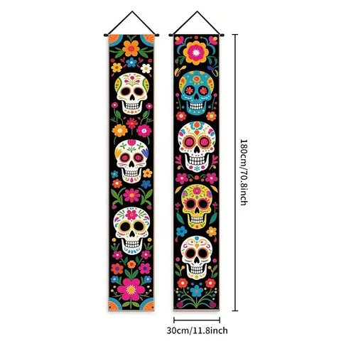Banner Messicano Giorno Dei Morti Segnale Da Portico Dia De Los Muertos Bandiere Appese Per Esterno Interno Casa Festa Decorazione Poliestere Scheletro Teschio Di Zucchero Motivo Floreale
