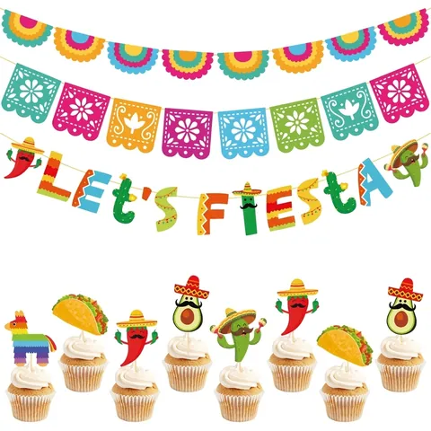 Mexikanische Fiesta Party Dekorationen Let's Fiesta Banner Papel Picado Bunte Banner Taco Kaktus Topper Tag Der Toten Deko