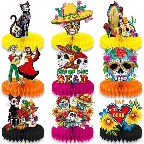 Mexican Day of the Dead Theme Party Decoration Honeycomb Centerpieces Sugar Skull Skeleton Desktop Decor For Festival Banquet