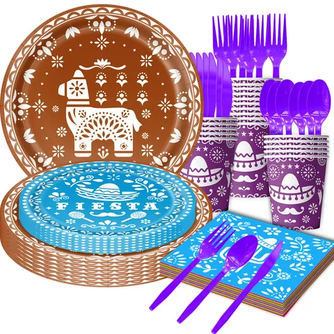 Mexikanisches Fiesta Tag Der Toten Thema Partygeschirr-Set Totenkopf Sombrero Muster Einweg-Pappteller Becher Servietten Banner Tischdecke Für Karneval Geburtstag Event Dekor