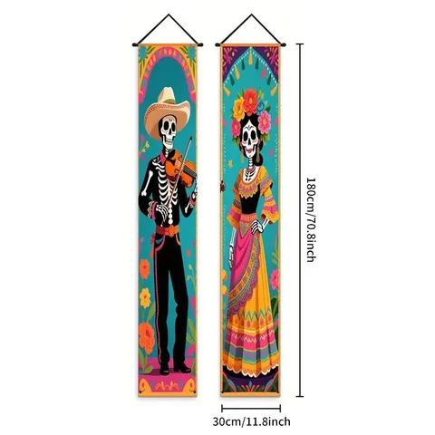 Mexican Day Of The Dead Banner Decoration Polyester Sugar Skull Halloween Party Porch Sign Outdoor Indoor Decorative Flags