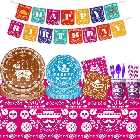 Mexikanisches Fiesta Tag Der Toten Thema Partygeschirr-Set Totenkopf Sombrero Muster Einweg-Pappteller Becher Servietten Banner Tischdecke Für Karneval Geburtstag Event Dekor