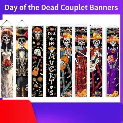 Tag Der Toten Verandabanner Mexikanische Dia De Los Muertos Dekoration Sugar Skull Skelett Hängende Flagge Für Halloween Party Haus Tür
