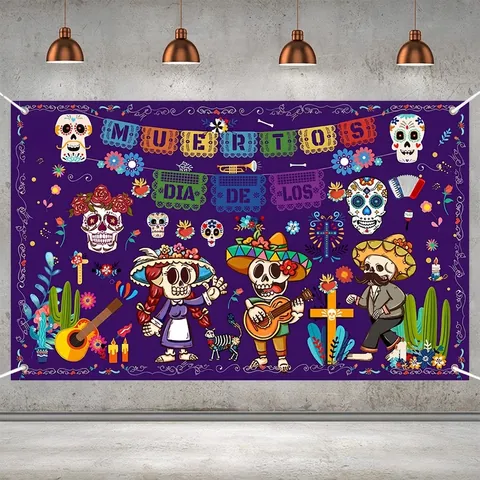 Mexicaanse Dag van de Doden Banner Paars Muertos Achtergrond Suiker Schedel Gitaar Print Polyester Stof Feestdecoratie Voor Buiten Binnen