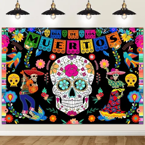 Striscione Messicano per il Giorno dei Morti Sfondo Teschio di Zucchero Scheletro Floreale Poliestere Poster Decorazione Festa Halloween Dia De Los Muertos