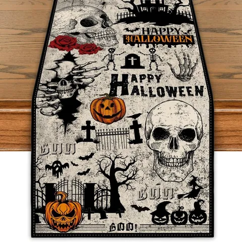 Chemin de Table Halloween pour Décoration de Table à Manger Squelette Citrouille Vintage Effrayant Jour des Morts Nappe