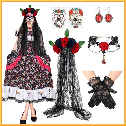 Set Accessori Giorno dei Morti Messicano Cerchietto Rose in Pizzo Velo Tatuaggi Guanti Choker Orecchini Halloween