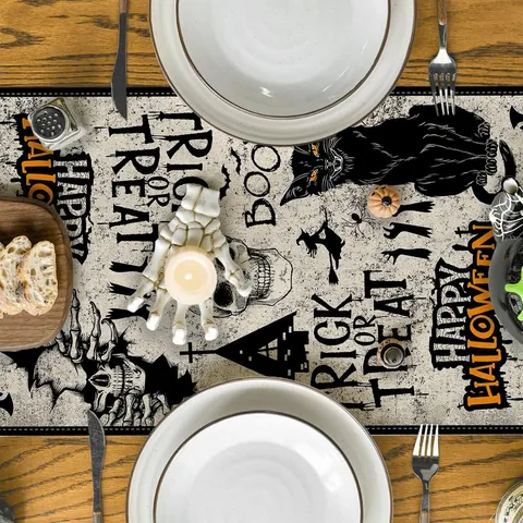 Chemin de Table Halloween pour Décoration de Table à Manger Squelette Citrouille Vintage Effrayant Jour des Morts Nappe