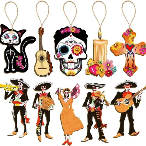 Mexikanischer Tag Der Toten Holz Anhänger Zucker Schädel Skelett Dekoration Für Halloween Party Haus Baum Dekor