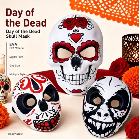 Day of the Dead Sugar Skull Mask Mexican Festival Digital Print EVA Mask For Halloween Carnival Masquerade Party Costume Decor
