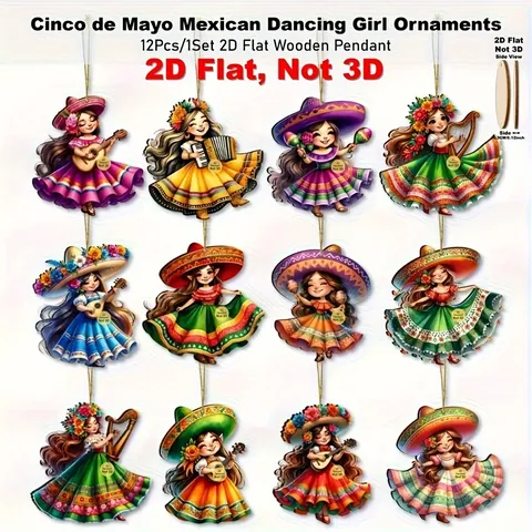 Mexikanische Cinco De Mayo Holzanhänger Deko 2D Flach Traditionelles Tänzerin Muster Buntes Holz Festival Party Dekoration Haus Outdoor Wandbehang