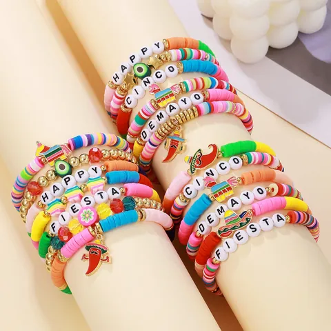Mexikanisches Cinco de Mayo Fiesta Armband Bunte Heishi Polymer-Ton Perlen Legierung Chili Piñata Avocado Anhänger Ethno Boho Stretch Armband Schmuck Für Damen