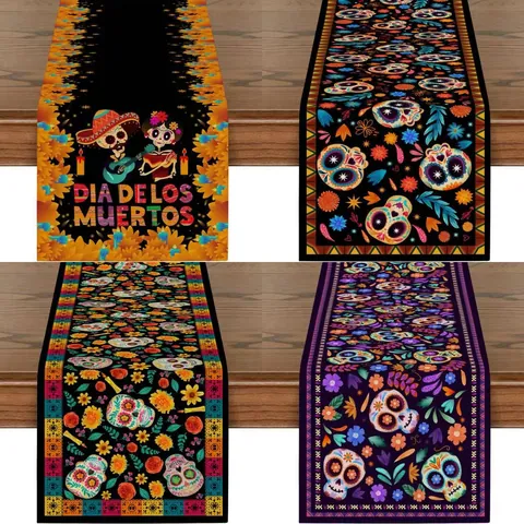 Chemin de Table Mexicain Jour des Morts en Lin Mandala Fleur Crâne de Sucre Ethnique Rétro Décoration de Table Cuisine