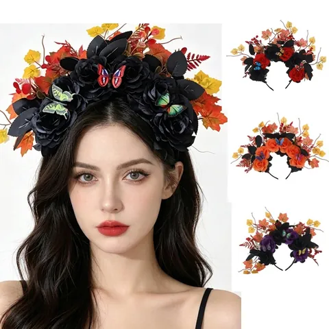 Mexican Day Of The Dead Halloween Floral Hairband Artificial Peony Rose Butterfly Maple Leaf Party Headwear For Women Costume Dress Up