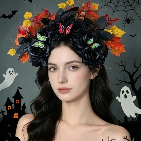 Mexican Day Of The Dead Halloween Floral Hairband Artificial Peony Rose Butterfly Maple Leaf Party Headwear For Women Costume Dress Up