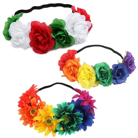 Serre-tête Floral de Noël pour Femmes Coiffe Rose Mexicaine Fête Festive Accessoires Cheveux en Tissu Arc-en-ciel