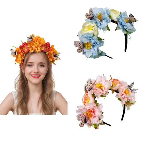 Diadema de Mariposa y Flores de Simulación Día De Los Muertos Mexicano para Fiesta de Halloween Boda Novia Mujeres Accesorio Pelo