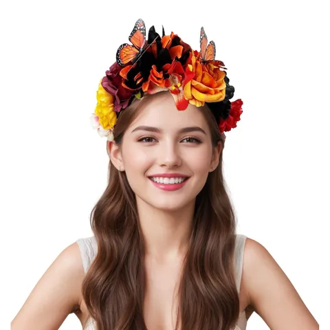 Serre-Tête Floral Mexicain Jour Des Morts Avec Décoration Papillon Coiffe De Costume D'Halloween Couronne De Fleurs Pour Femmes