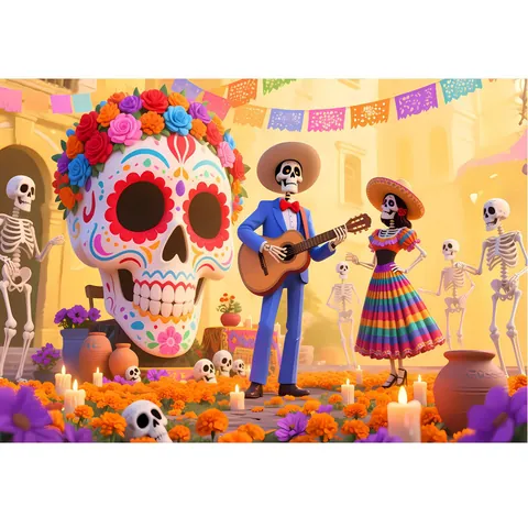Sfondo Messicano Del Giorno Dei Morti Dia De Los Muertos Banner Teschio Di Zucchero Floreale In Poliestere Decorazione Per Feste Foto Sfondo