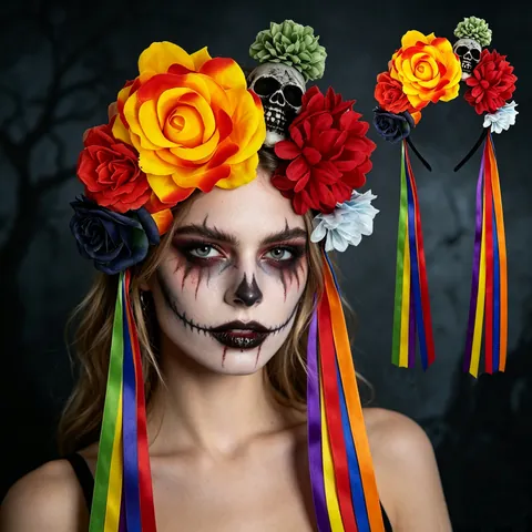 Halloween Jour Des Morts Serre-tête À Fleurs Avec Décoration De Crâne Longs Rubans Colorés Festival Mexicain Floral Accessoires Cheveux