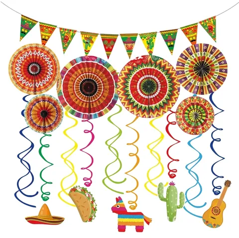 Set Decorazioni Festa Messicana Cinco De Mayo Ventagli di Carta Multicolore Ghirlande Cactus Taco Sombrero Ornamenti Appesi Fiesta Compleanno