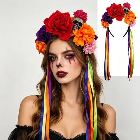 Halloween Jour Des Morts Serre-tête À Fleurs Avec Décoration De Crâne Longs Rubans Colorés Festival Mexicain Floral Accessoires Cheveux