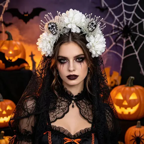 Halloween Tag Der Toten Stirnband Totenkopf Blume Schwarzer Spitzenschleier Gothic Party Damen Haarschmuck