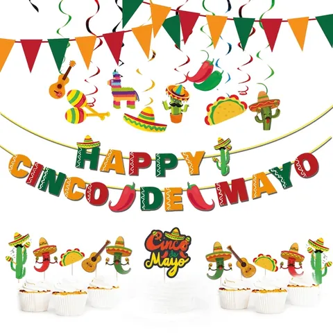 Mexikanisches Cinco De Mayo Party Deko Set Papier Fiesta Banner Kaktus Chili Taco Sombrero Cupcake Toppers Hängende Wirbel Für Festival Event Deko