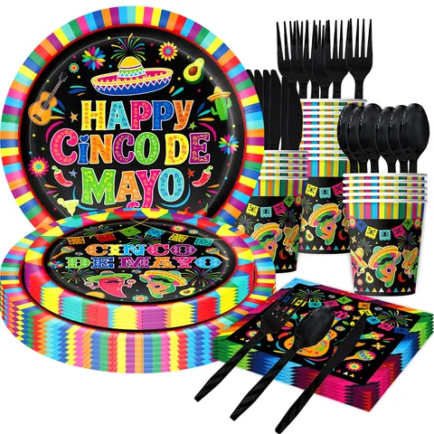 Cinco De Mayo Mexikanische Fiesta Partygeschirr Einwegteller Tassen Servietten Tischdecke Schwarz Regenbogenmuster Dekorationen