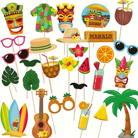 Tropical Hawaiian Party Photo Booth Props Cinco De Mayo Summer Luau Party Decorations Paper Photo Props On Sticks For Beach Birthday Festive Accessories