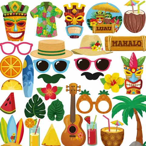 Tropical Hawaiian Party Photo Booth Props Cinco De Mayo Summer Luau Party Decorations Paper Photo Props On Sticks For Beach Birthday Festive Accessories