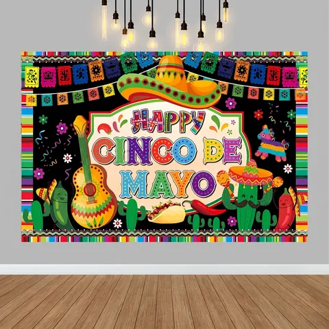 Messicano Cinco De Mayo Fondale per Festa in Vinile Banner Happy Cinco De Mayo Motivo Sombrero Chitarra Cactus Messicano Fiesta Decorazione Sfondo Fotografico