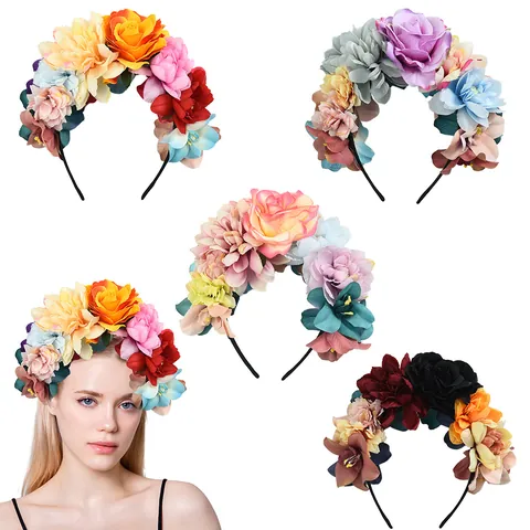 Cerchietto con Fiori Artificiali Bohémien Corona Floreale Rosa per Matrimonio Festa Fotografia Accessori Capelli Donna