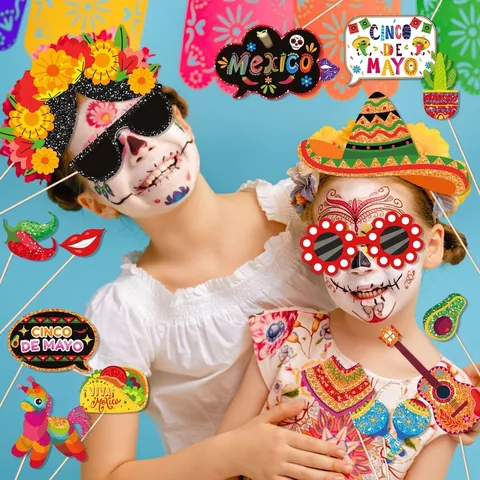 Set di Accessori Fotografici per Festa Messicana Cinco De Mayo in Cartone Festivo Sombrero Cactus Chitarra Taco Baffi per Decorazione Festa di Carnevale