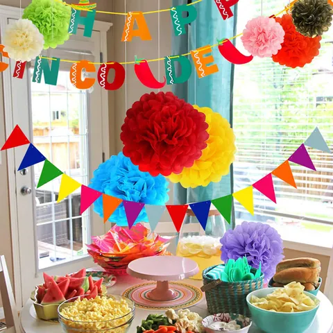 Décorations De Fête Fiesta Mexicaine Jour Des Morts Cinco De Mayo Éventails En Papier Pompons Bannière Décorations De Gâteau