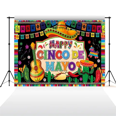 Messicano Cinco De Mayo Fondale per Festa in Vinile Banner Happy Cinco De Mayo Motivo Sombrero Chitarra Cactus Messicano Fiesta Decorazione Sfondo Fotografico