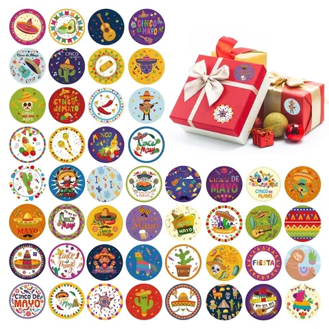 Mexikanische Fiesta Cinco De Mayo Party Aufkleber 8 Blätter Bunte Sombrero Kaktus Designs Runde Klebe Geschenk Etiketten Deko