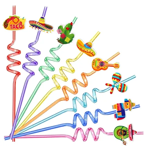 Cannucce per Festa Messicana Cinco De Mayo Decorazioni a Tema Fiesta Cactus Sombrero Taco Chitarra Pentolaccia Design a Spirale Cannucce Colorate in Carta e Plastica