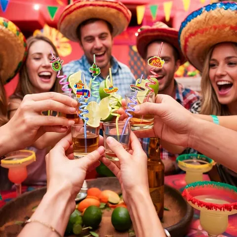 Cannucce per Festa Messicana Cinco De Mayo Decorazioni a Tema Fiesta Cactus Sombrero Taco Chitarra Pentolaccia Design a Spirale Cannucce Colorate in Carta e Plastica