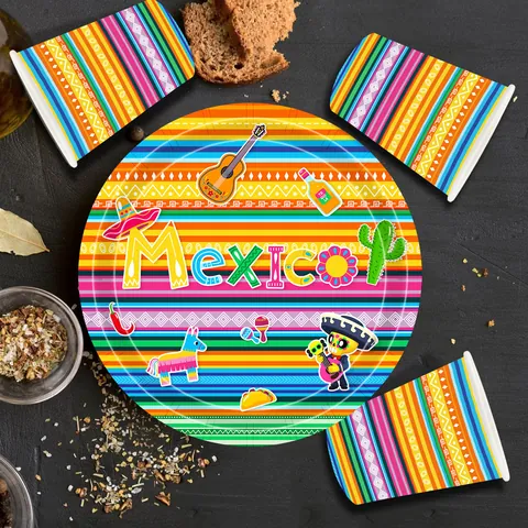 Mexikanische Fiesta Cinco De Mayo Einweggeschirr Regenbogenstreifen Pappteller Serviette Becher Tischdecke Partydekoration Feier Bedarf