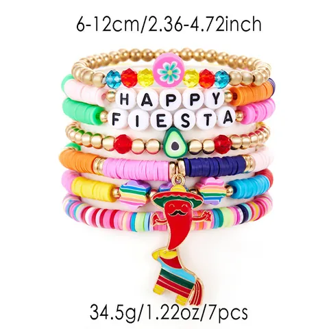 Mexican Fiesta Bracelets Women Girls Heishi Clay Beads Rainbow Piñata Avocado Chili Enamel Charms Bohemian Stretch Jewelry Gift